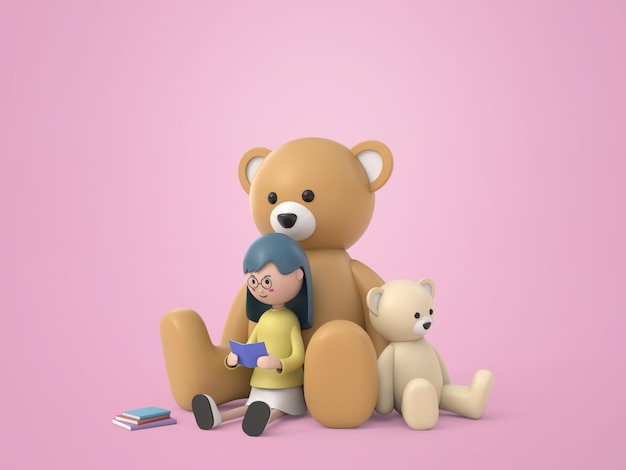 Free PSD happy girl sitting and reading a book leaning against a teddy bear isolated background