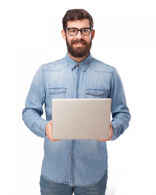 Free PSD happy guy showing his computer