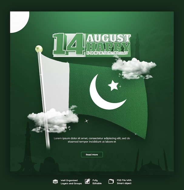 Free PSD happy independence day pakistan social media banner or instagram post template