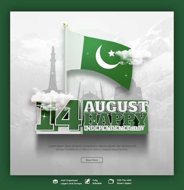 Free PSD happy independence day pakistan social media banner or instagram post template