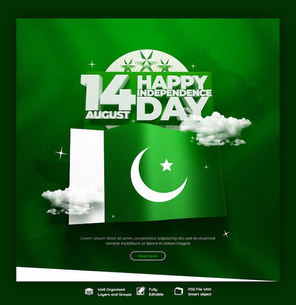 Free PSD happy independence day pakistan social media banner or instagram post template