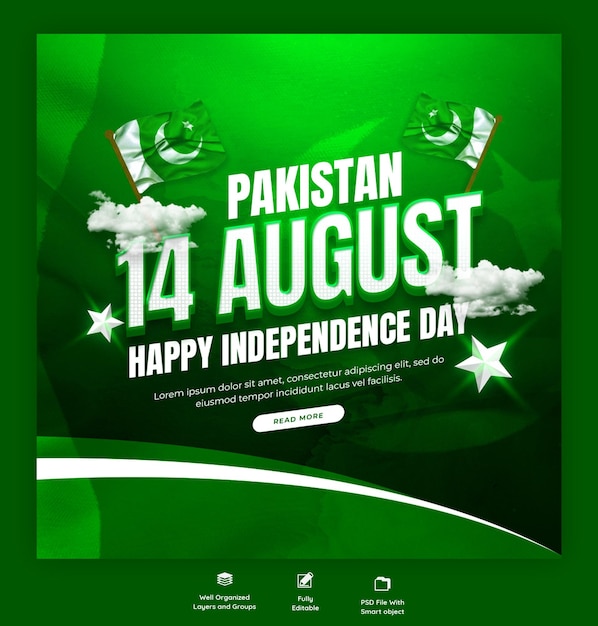 Free PSD happy independence day pakistan social media banner or instagram post template