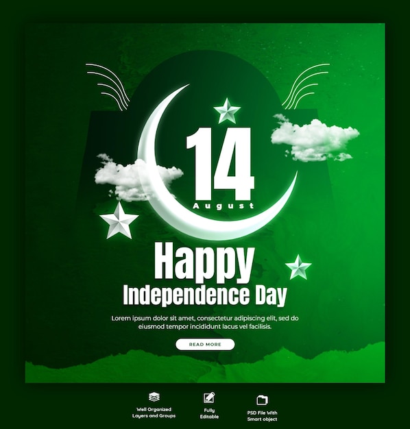 Free PSD happy independence day pakistan social media banner or instagram post template