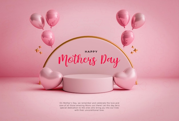 Free PSD happy mother's day concept pedestal platform with love heart banner template