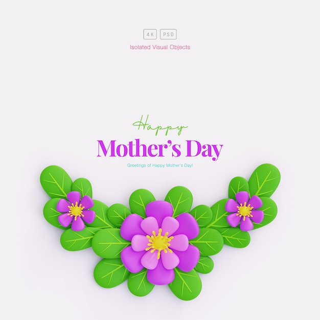 Free PSD happy mother's day greeting background decorated with cute flowers and leaves