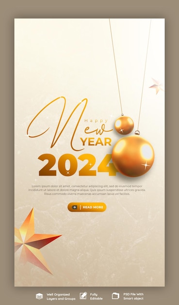 Free PSD happy new year 2024 celebration instagram and facebook story post design or banner template