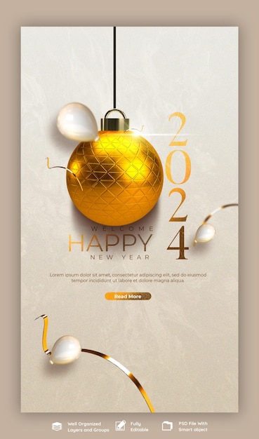 Free PSD happy new year 2024 celebration instagram and facebook story post design or banner template