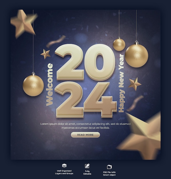 Free PSD happy new year 2024 celebration social media post design or banner template