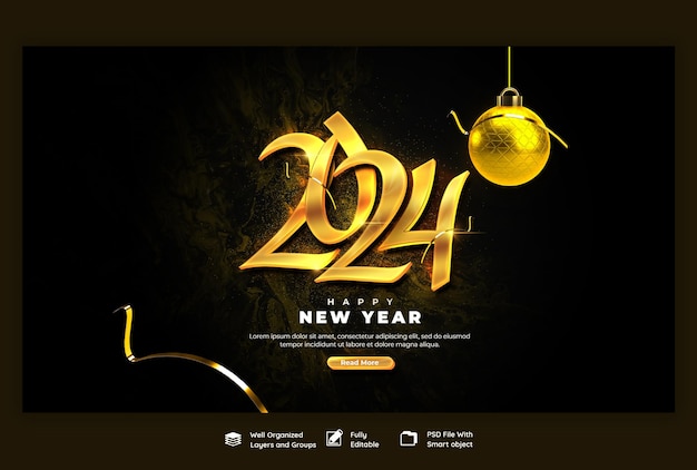 Free PSD happy new year 2024 celebration web banner design template