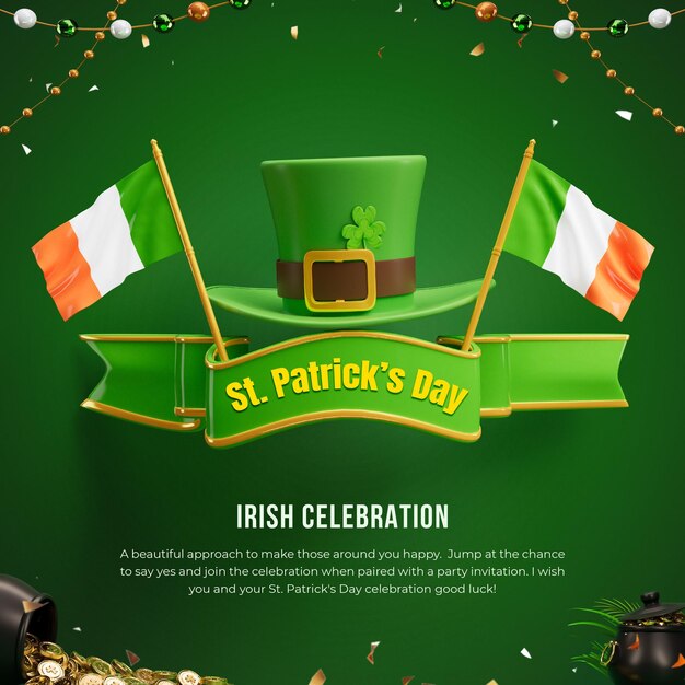 Free PSD happy saint patrick's day celebration 3d social media post design template