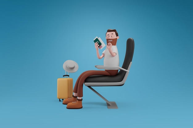 Free PSD happy traveler man with hat and luggage holding passport while sitting seat in airport on isolated background travel and vacation concept 3d illustration cartoon characters