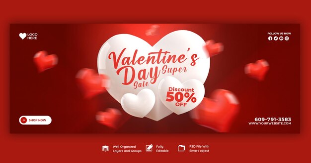 Free PSD happy valentine's day discount sale facebook cover and social media post template