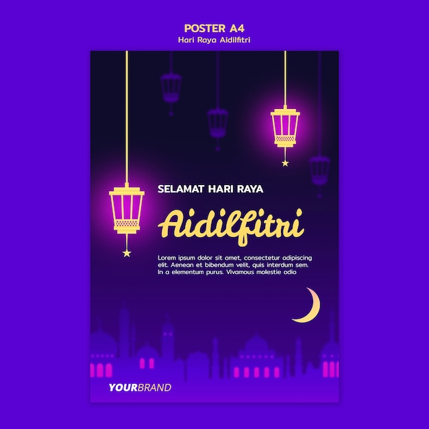 Free PSD hari raya aidilfitri flyer template with lanterns and moon