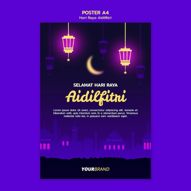 Hari raya aidilfitri poster template with moon and lanterns