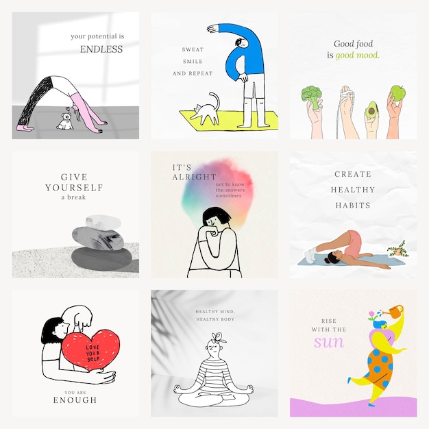 Free PSD health and wellness templates psd colorful and cute illustrations set