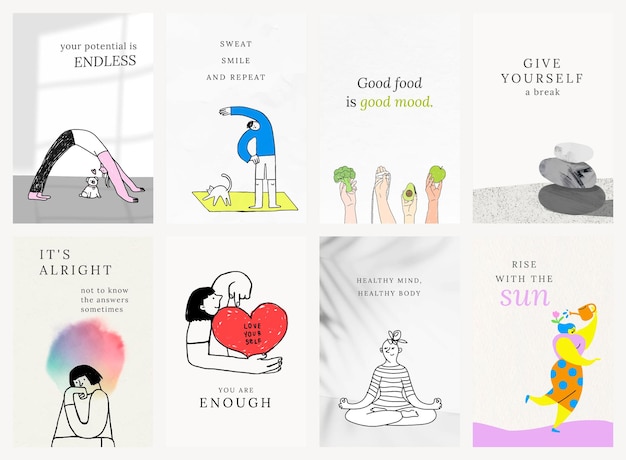 Free PSD health and wellness templates psd colorful and cute illustrations set