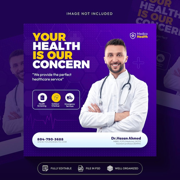 Free PSD healthcare prevention banner or square flyer with doctor theme for social media post template