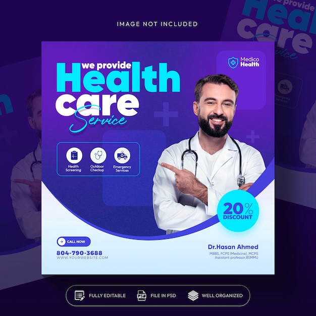 Healthcare prevention banner or square flyer with doctor theme for social media post template