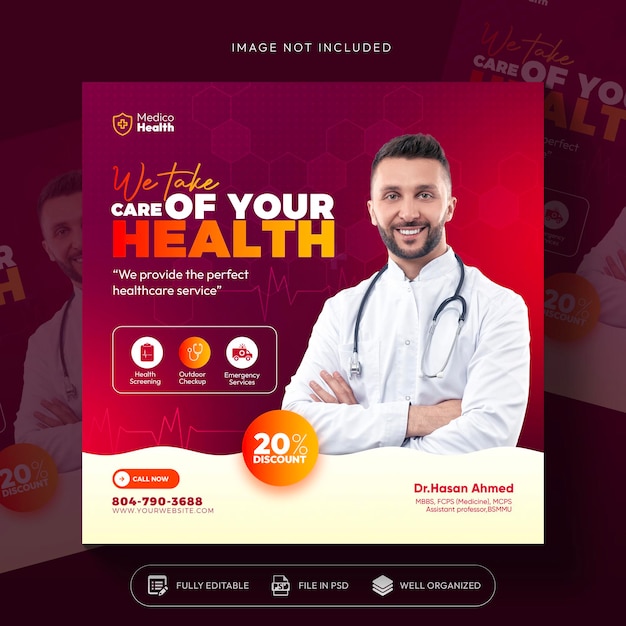 Free PSD healthcare prevention banner or square flyer with doctor theme for social media post template