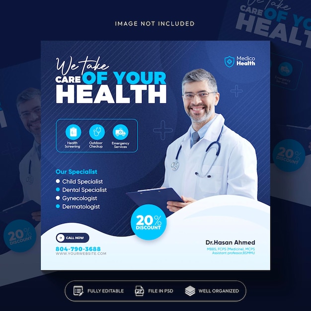 Healthcare prevention banner or square flyer with doctor theme for social media post template