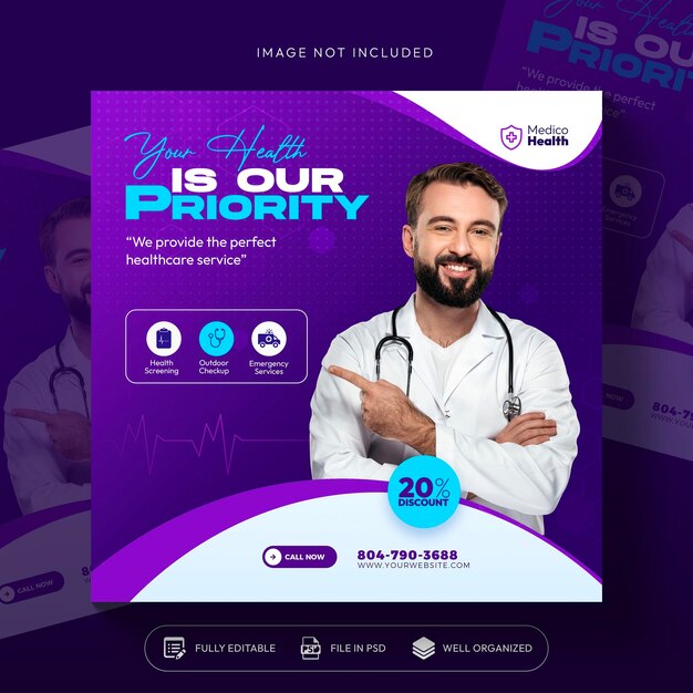 Healthcare prevention banner or square flyer with doctor theme for social media post template