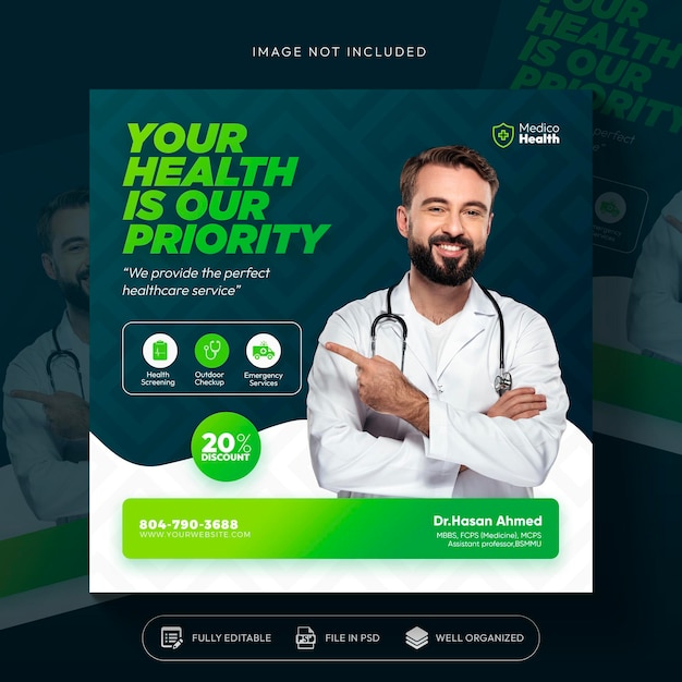 Healthcare prevention banner or square flyer with doctor theme for social media post template