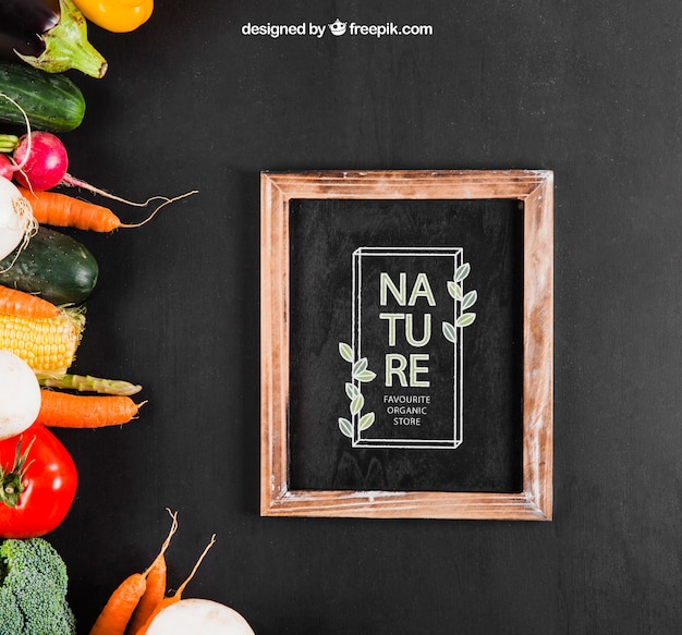 Free PSD healthy vegetables mockup with slate