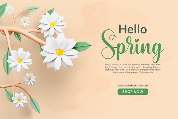 Free PSD hello spring banner template with daisy flower