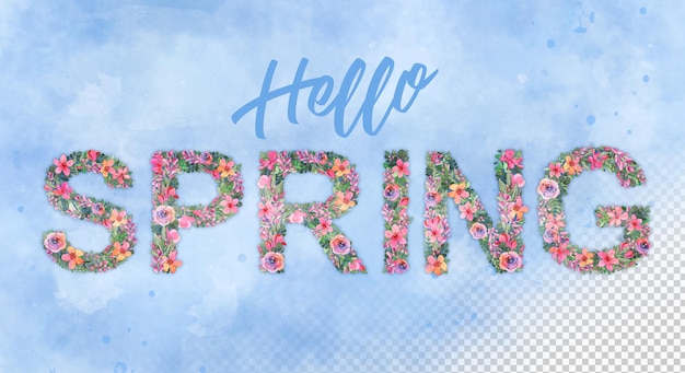 Hello spring banner over watercolor background