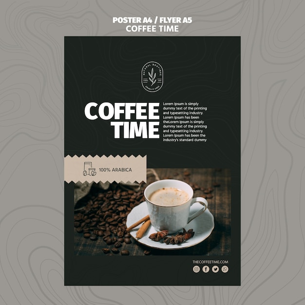 High view coffee in cup and coffee beans poster template