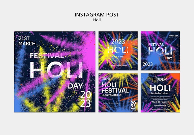 Free PSD holi festival celebration instagram post set