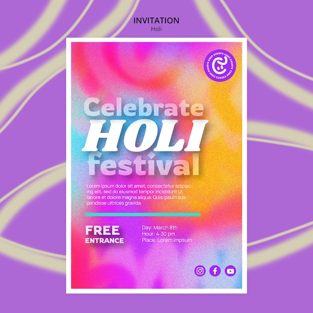 Free PSD holi festival celebration invitation template