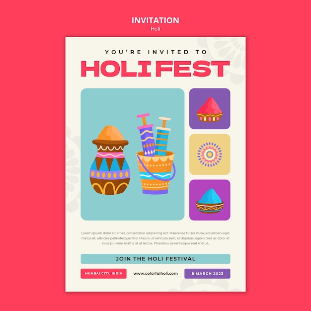 Free PSD holi festival celebration invitation template