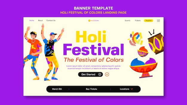 Free PSD holi festival celebration landing page template