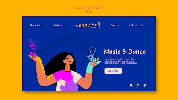 Free PSD holi festival celebration landing page