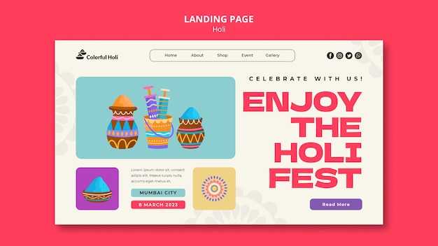 Free PSD holi festival celebration landing page