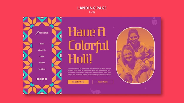 Free PSD holi festival celebration landing page