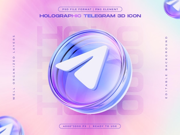 Free PSD holographic social media telegram icon 3d render illustration