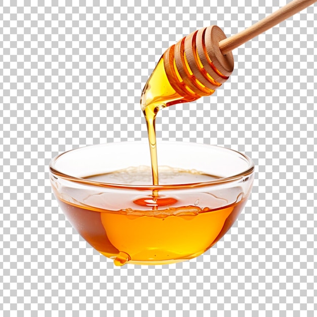 honey stick and bowl of pouring honey isolated on a transparent background