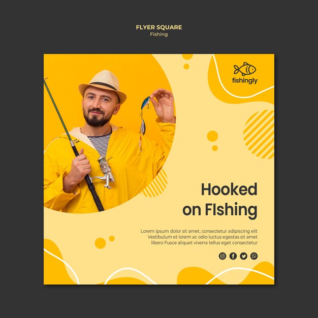 Hooked on fishing man in yellow coat square flyer