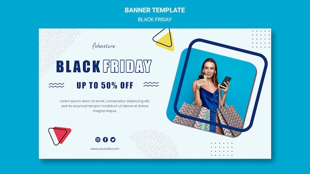 Horizontal banner for black friday with woman and triangles