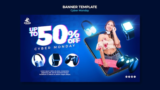 Free PSD horizontal banner for cyber monday with woman and items