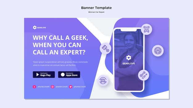 Free PSD horizontal banner for female auto mechanic