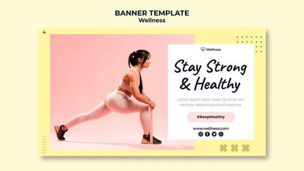 Horizontal banner for health and wellbeing with woman doing fitness