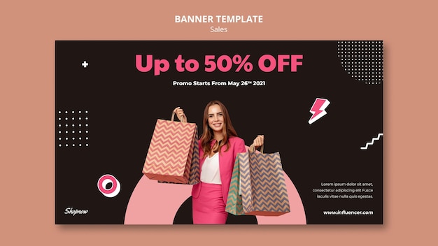 Free PSD horizontal banner for sales with woman in pink suit