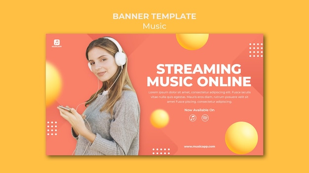 Free PSD horizontal banner for streaming music online with woman wearing headphones