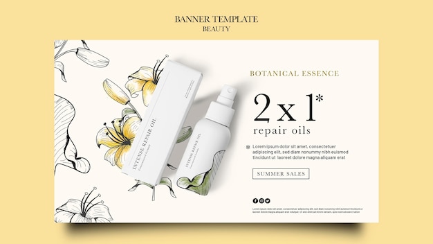 Free PSD horizontal banner template for beauty products with hand drawn flowers