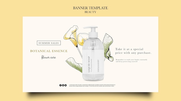 Free PSD horizontal banner template for beauty products with hand drawn flowers