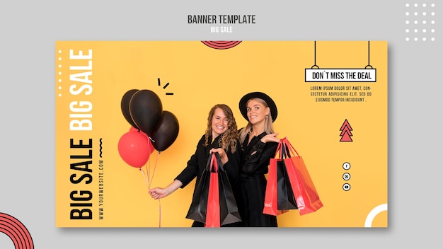 Free PSD horizontal banner template for big sale with women and shopping bags