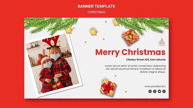 Horizontal banner template for christmas party with children in santa hats